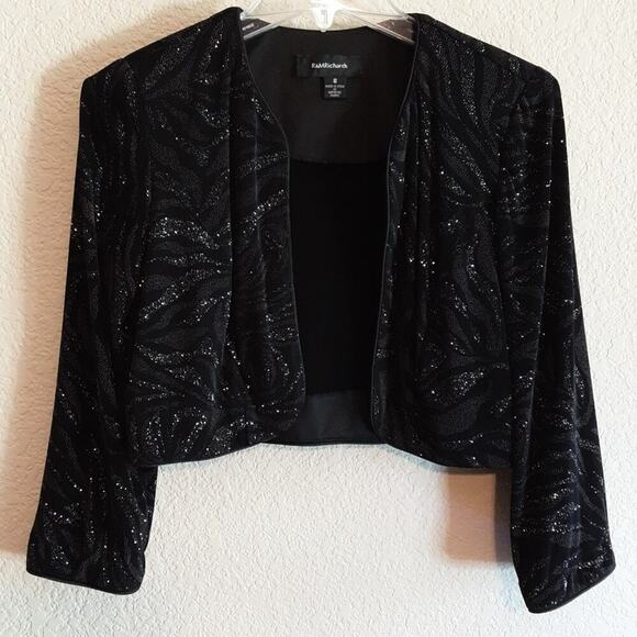 R & M Richards Black & Silver Glitter Zebra Print Cropped Formal Bolero Jacket 8 - Picture 1 of 7